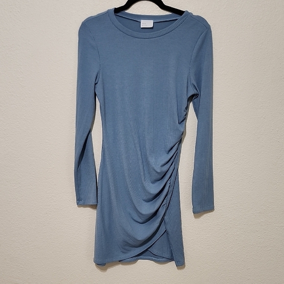 dee elly Dresses & Skirts - Soft Blue Long Sleeve Tunic Dress with Asymmetrical Ruching